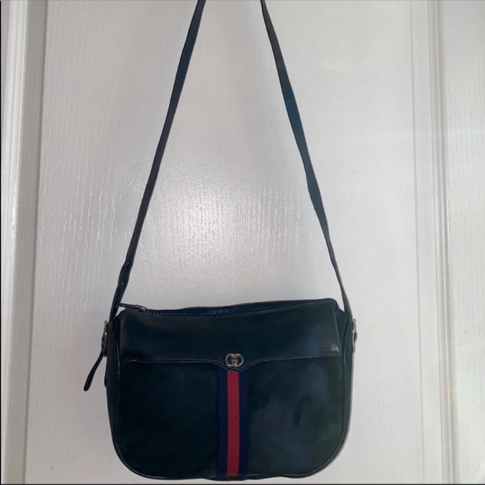 Gucci Black Leather Crossbody Bag with Red and Blue Stripe